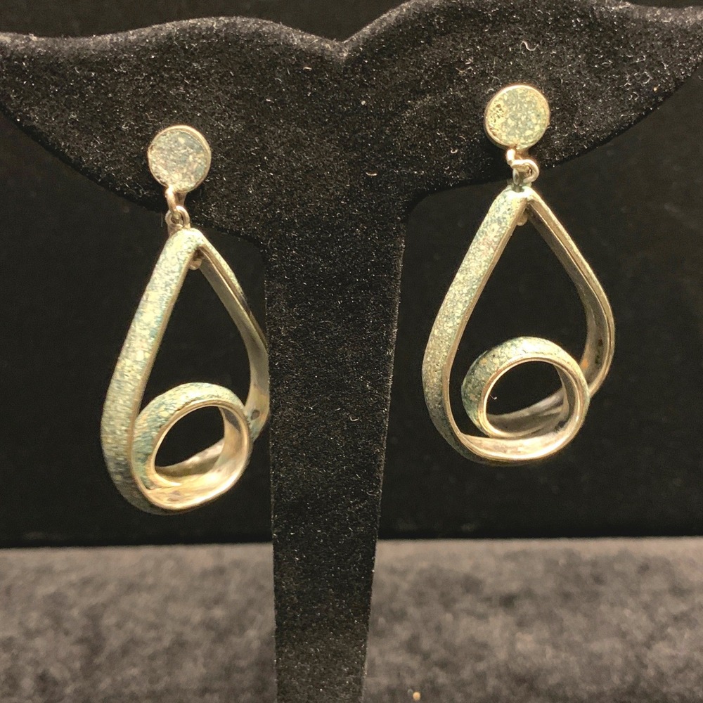 Vintage Mexico Sterling Silver Earrings Green Enamel Swirl Screw Back 11g